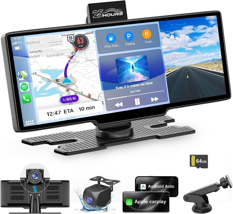 25HOURS HK3 Carplay Screen for Car, 10.26’’ Wireless Apple Car Play & Android Auto Touch Screen, 4K Dash Cam, 1080P Backup Camera, Car Stereo, GPS Navigation/Mirror Link/Bluetooth/Voice Control, Plug and Play - Image 1